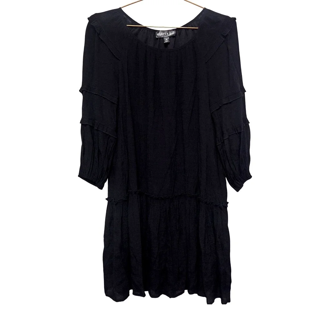 HARPER 241 Black Pleated Ruffle Tiered Dress Women's Size‎ M